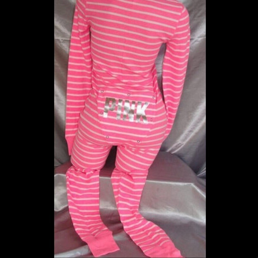 Victoria secret pink onesie striped white gold bum flap waffle knit long John